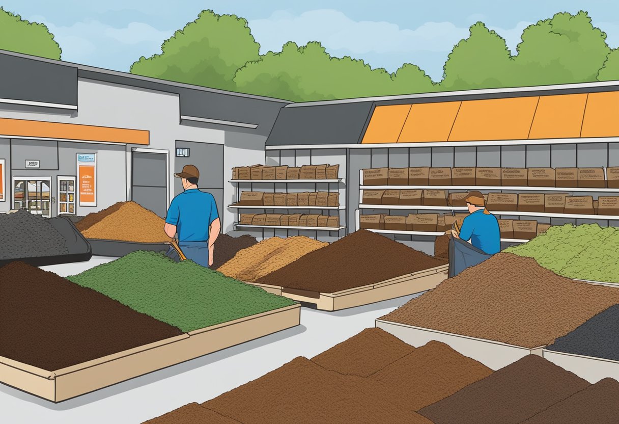 A variety of mulch options are displayed in neat rows at Fleet Farm, including cedar, hardwood, and colored mulch. A customer examines the bags, reading reviews and comparing prices