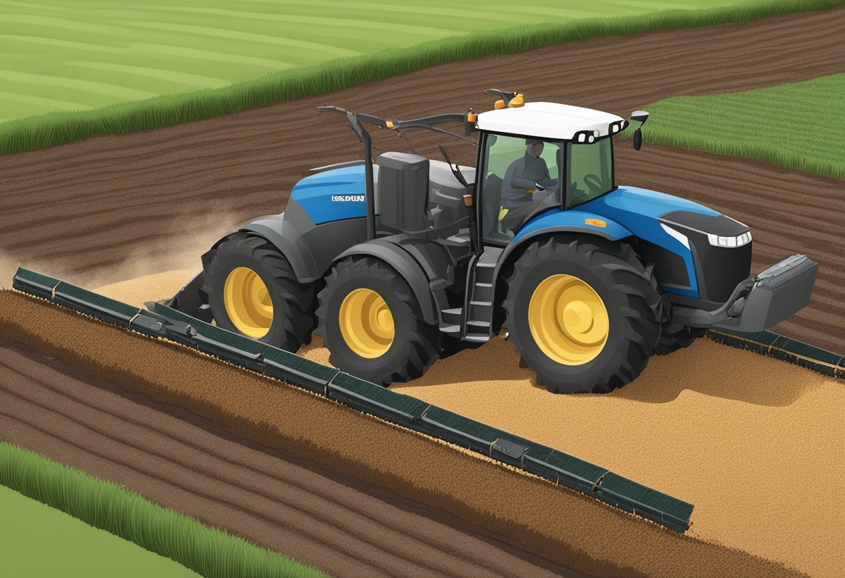 A farmer spreading fleet farm mulch on a field, with healthy crops and soil. The mulch is shown preventing erosion and retaining moisture