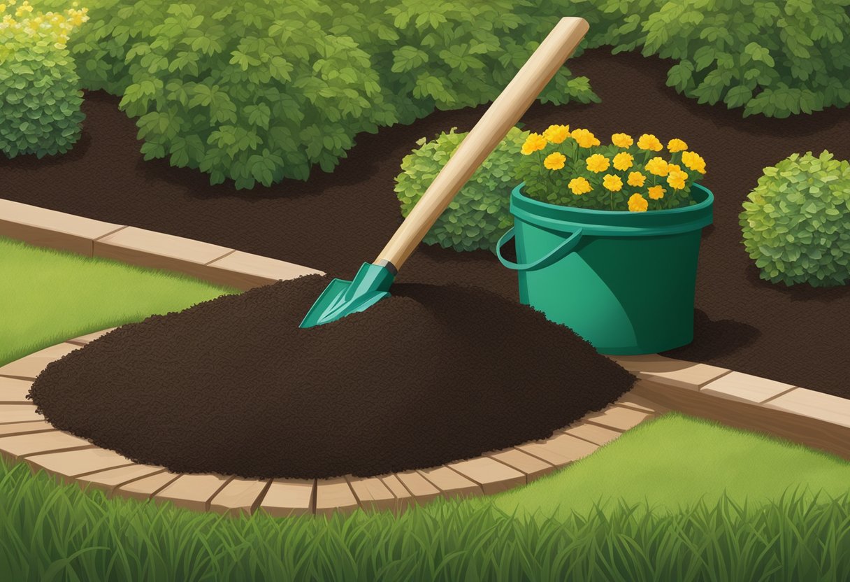 A bag of Scotts brown mulch sits next to a freshly landscaped garden bed, with a spade and gardening gloves nearby