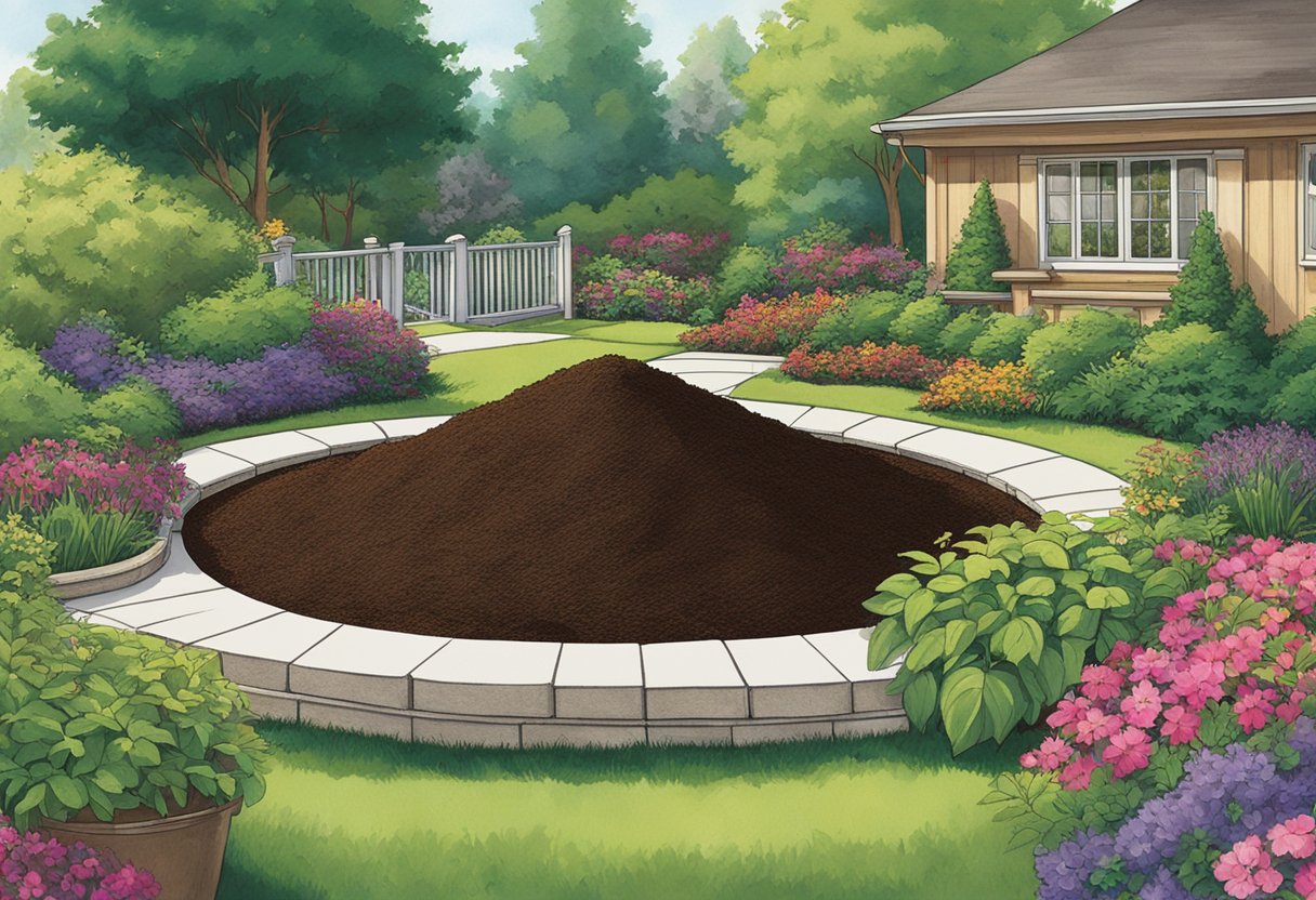 A bag of Scotts brown mulch sits in a garden bed, surrounded by vibrant green plants. The mulch appears finely shredded and rich in color, adding a polished look to the landscape