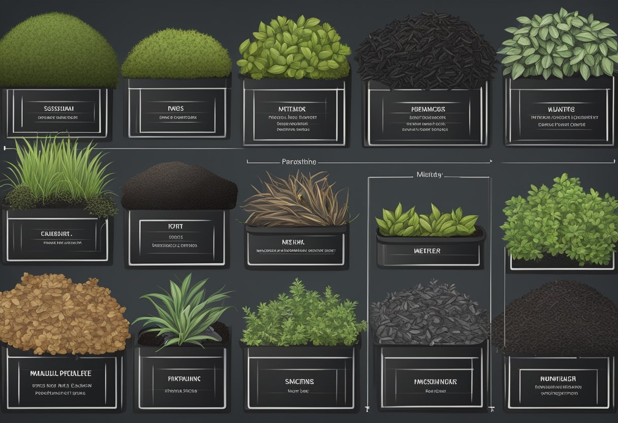 A variety of black mulch types displayed with labels for selection