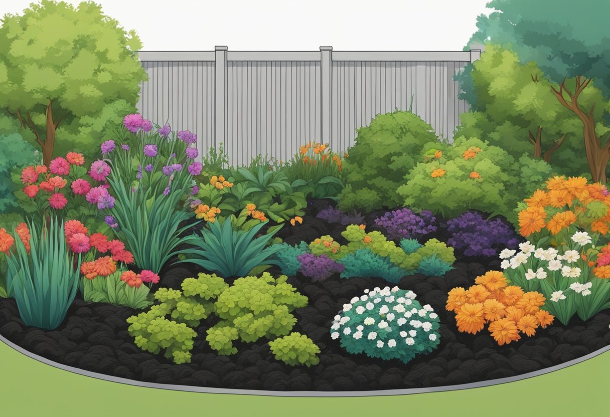 A garden with vibrant plants surrounded by black mulch. Some plants thrive, while others struggle due to lack of nutrients