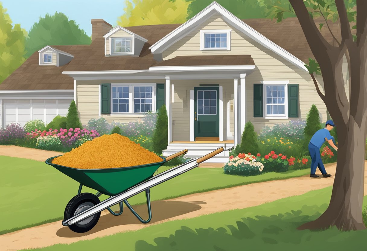 A person spreading mulch around the house with a wheelbarrow and shovel. Trees and flowers in the background