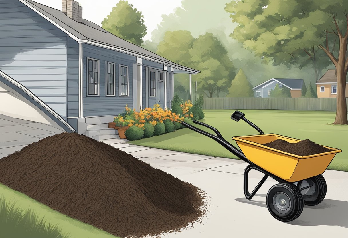 Mulch being spread around the perimeter of a house, with a wheelbarrow and shovel nearby for maintenance
