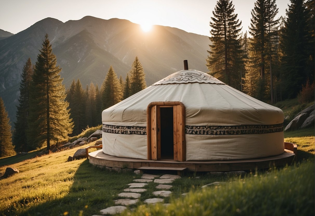 A yurt stands in a serene natural setting, surrounded by trees and mountains. The sun casts a warm glow on the traditional circular structure, inviting viewers to imagine a peaceful retreat