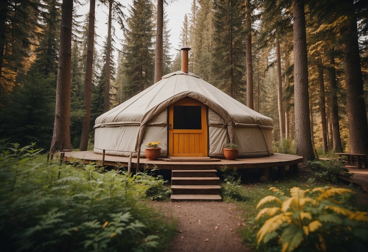 A yurt surrounded by nature, with a clear price sign displayed outside