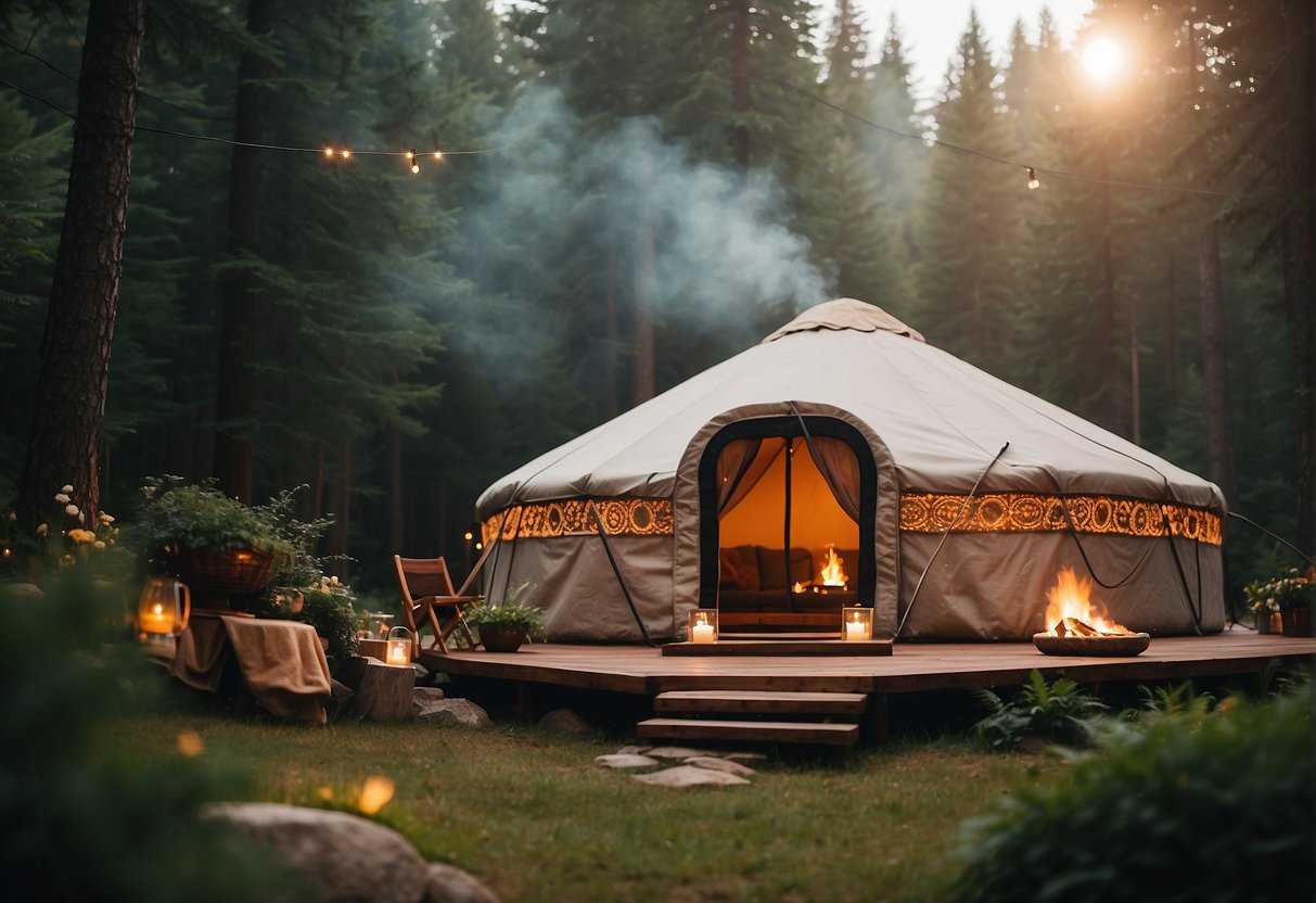 A cozy yurt nestled in a lush forest, with a crackling fire pit and twinkling string lights, surrounded by serene nature