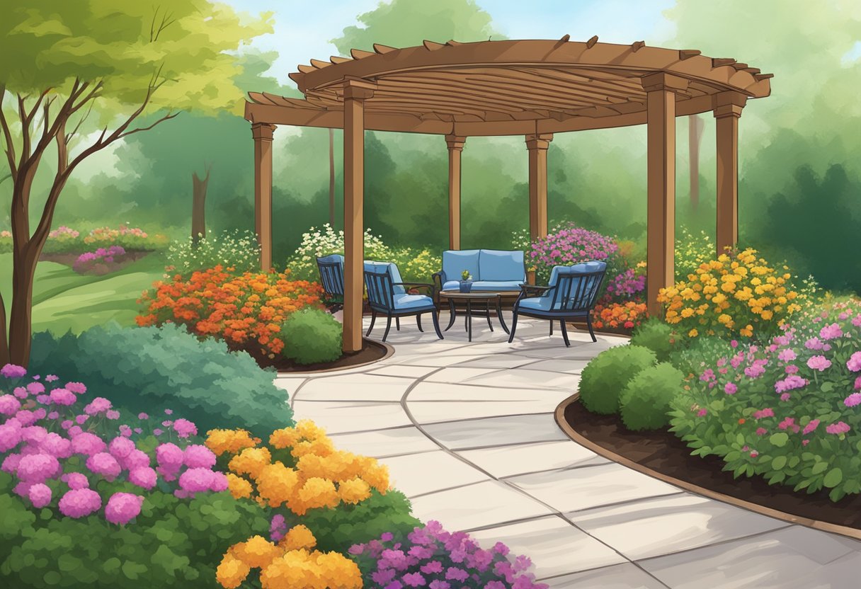 A winding mulch walkway bordered by colorful flowers and shrubs, leading to a cozy seating area under a pergola