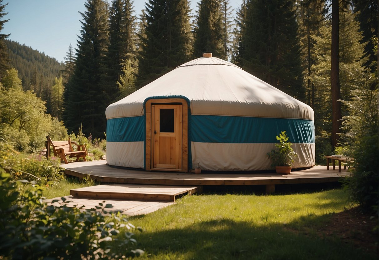 A yurt nestled in a serene natural setting with a clear blue sky and lush greenery, with a sign nearby displaying "Frequently Asked Questions: How much does it cost to rent a yurt?"