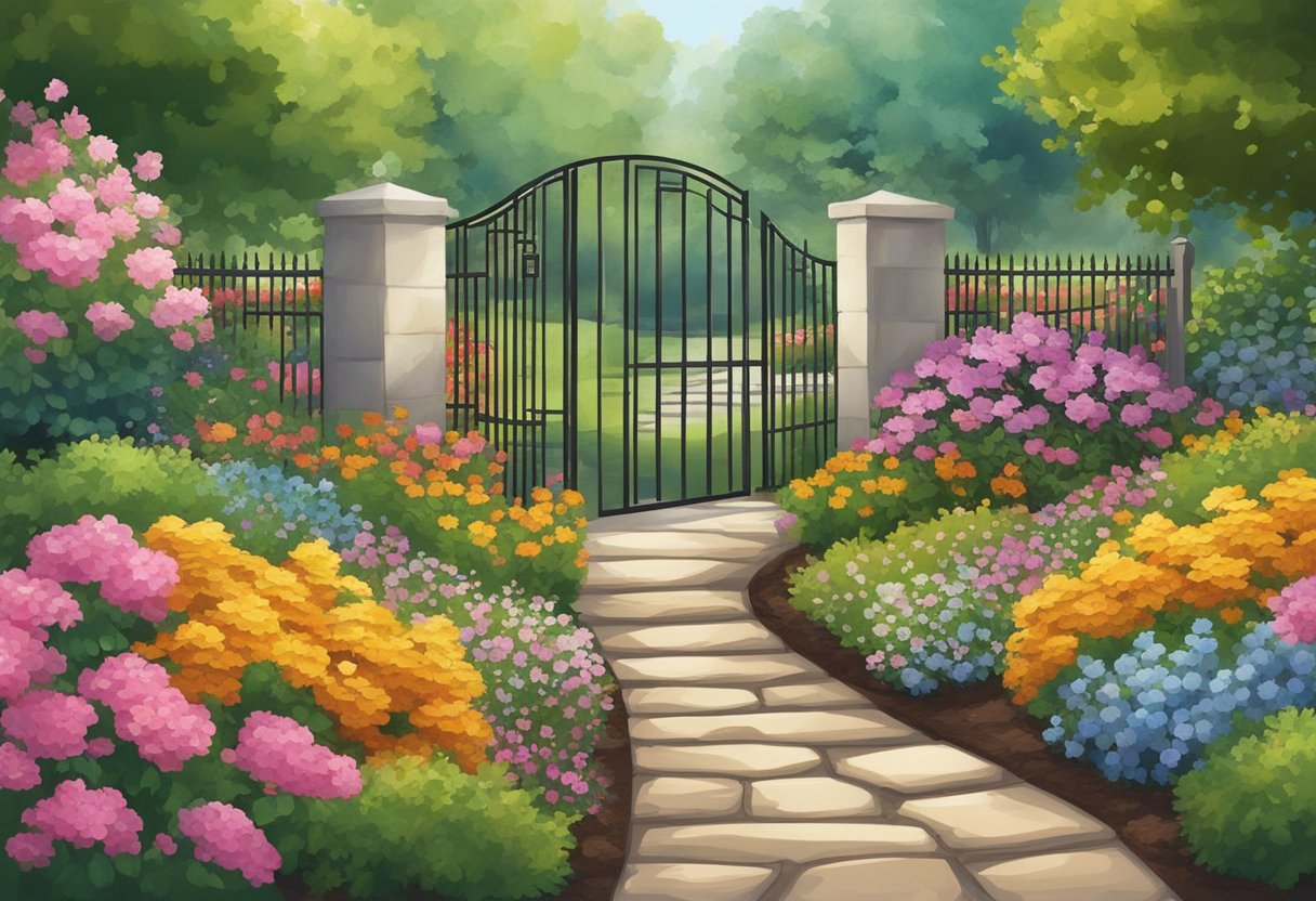 A winding mulch walkway bordered by colorful flowers and shrubs, leading to a charming garden gate