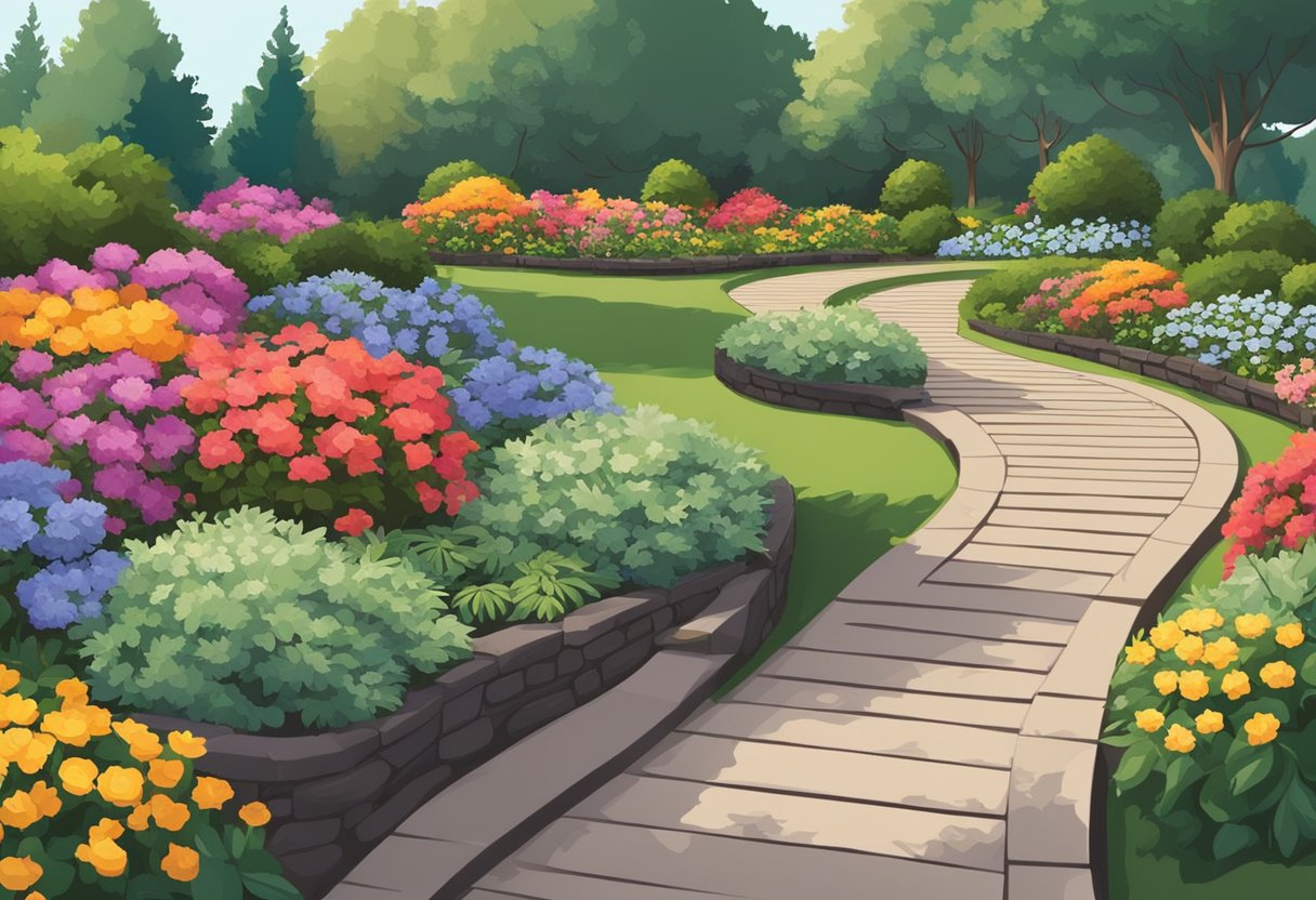 A landscaper spreads mulch on a winding walkway, flanked by vibrant flowers and shrubs. Maintenance tools lay nearby