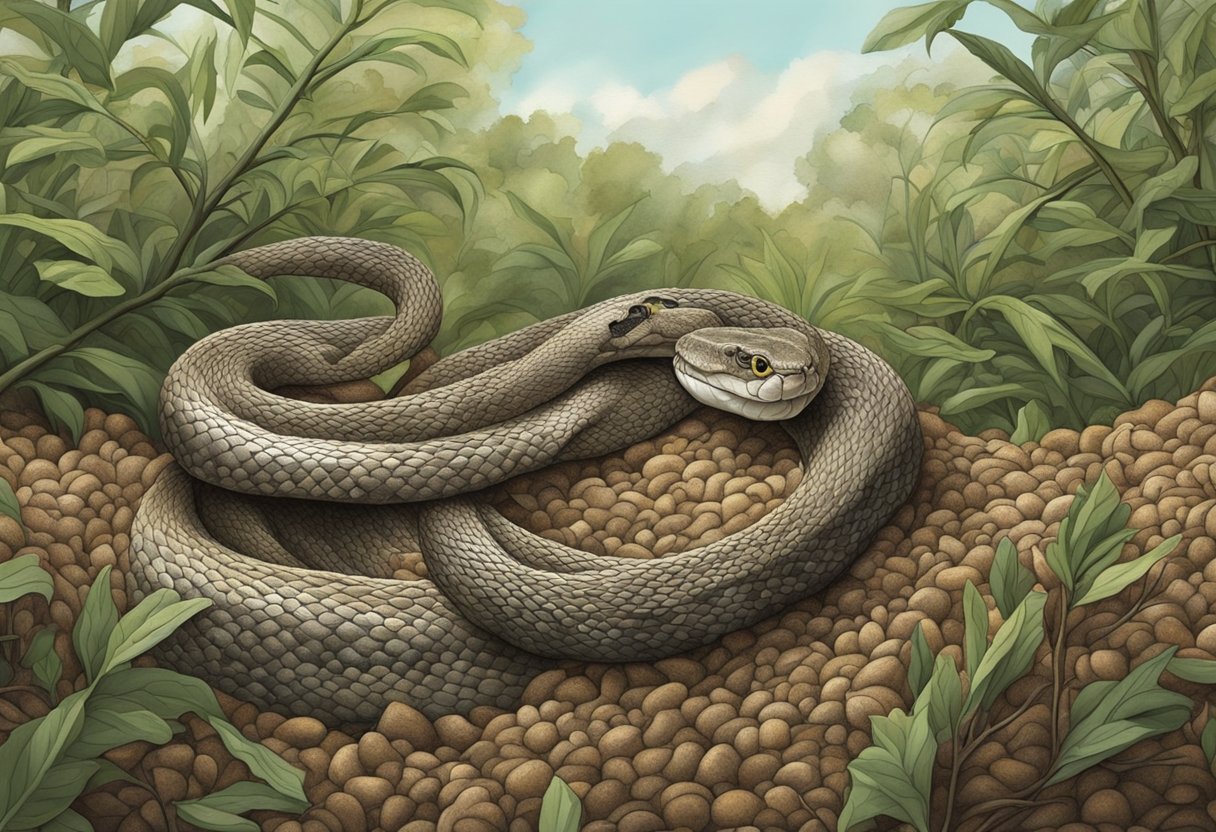 A snake slithers through a bed of cypress mulch, its scales blending with the earthy tones. The texture of the mulch creates a natural and comfortable environment for the snake to move through