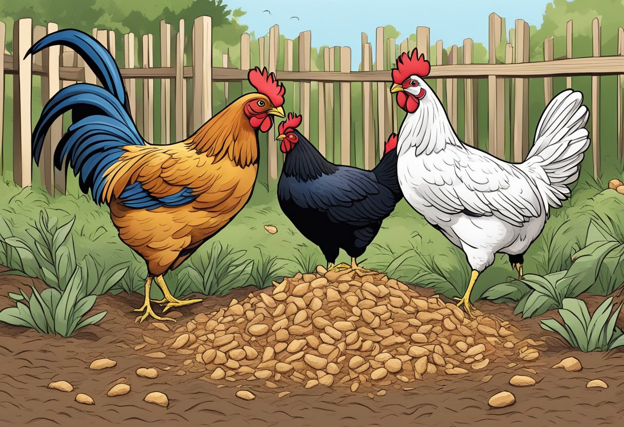 Chickens peck at mulch in their run, scattering it as they scratch and forage