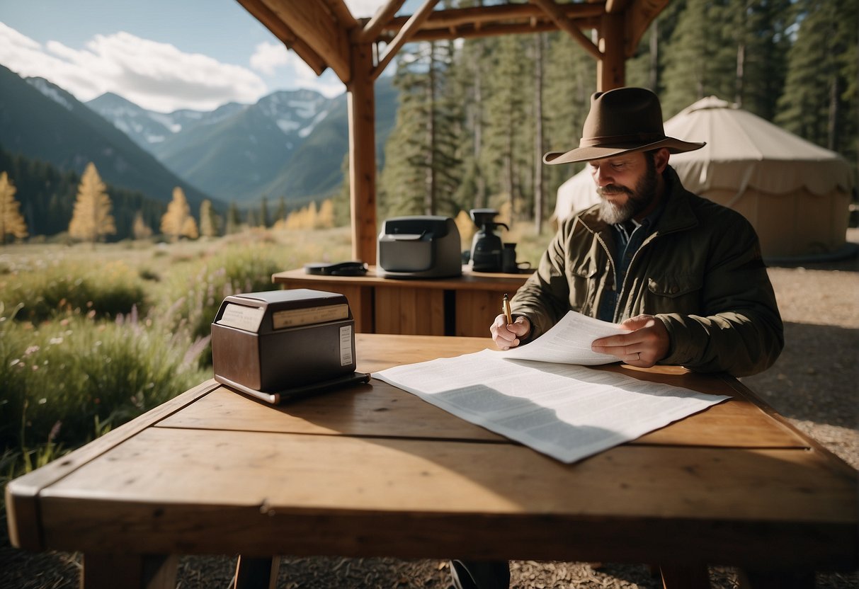 A person fills out a rental form at the park office. The ranger hands over a key and map. The yurt sits nestled among trees and a waterfall