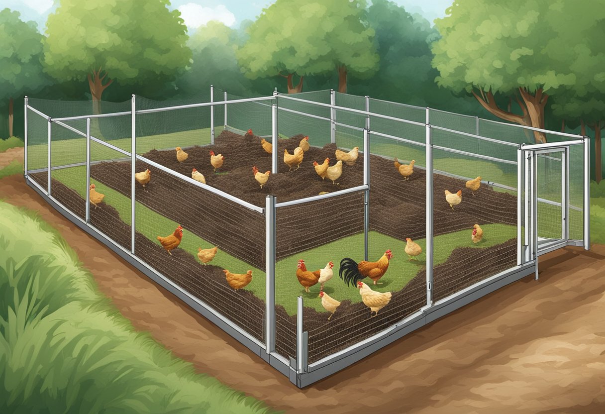 The chicken run is covered with a thick layer of mulch, providing a soft and comfortable surface for the chickens to walk on. The mulch is spread evenly, creating a clean and tidy environment for the chickens to roam