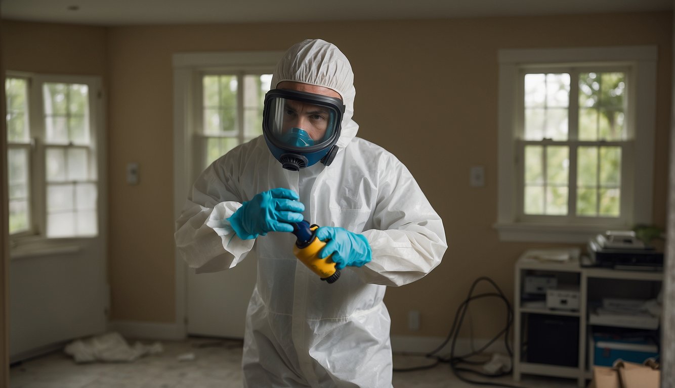 A technician in protective gear assesses mold damage in a home, using specialized equipment and tools. The area is isolated and marked with caution tape