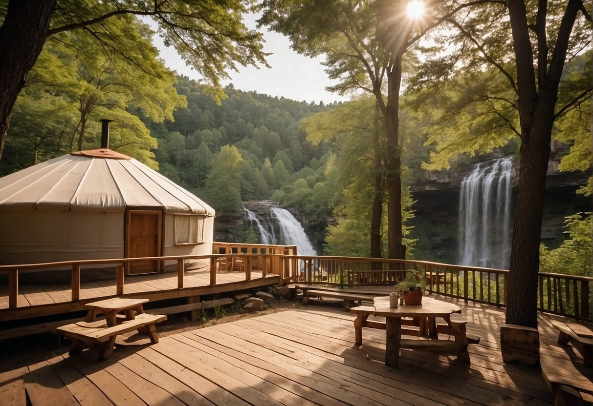 Visitors booking a yurt at Natural Falls State Park, surrounded by lush greenery and a picturesque waterfall, with a cozy interior and outdoor seating area