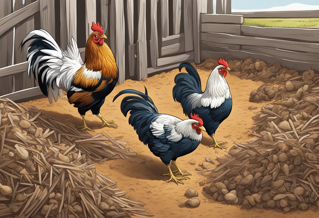Chickens scratching in mulch-filled run, coop in background