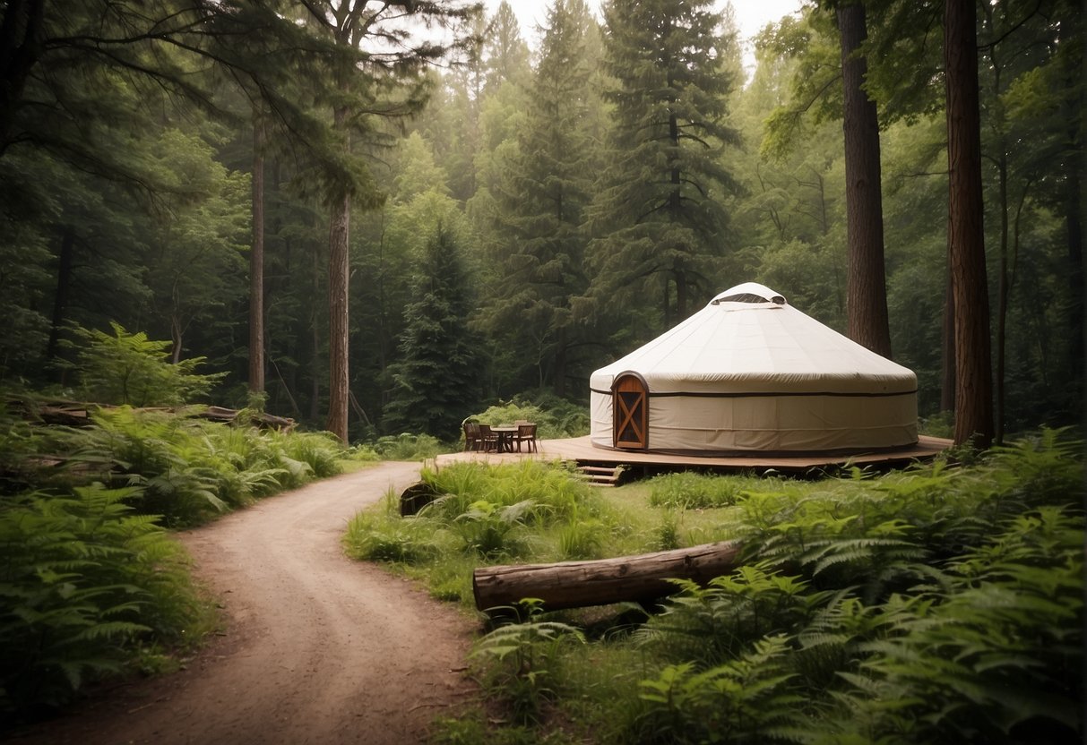 A yurt nestled in the lush greenery of Natural Falls State Park, with a cozy interior and nearby amenities like hiking trails and picnic areas