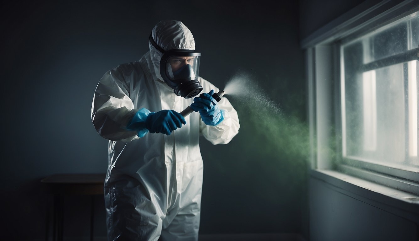 A technician in protective gear removes mold from a damp, dark room using specialized equipment and cleaning solutions. A sign on the wall reads "Mold Remediation Company."