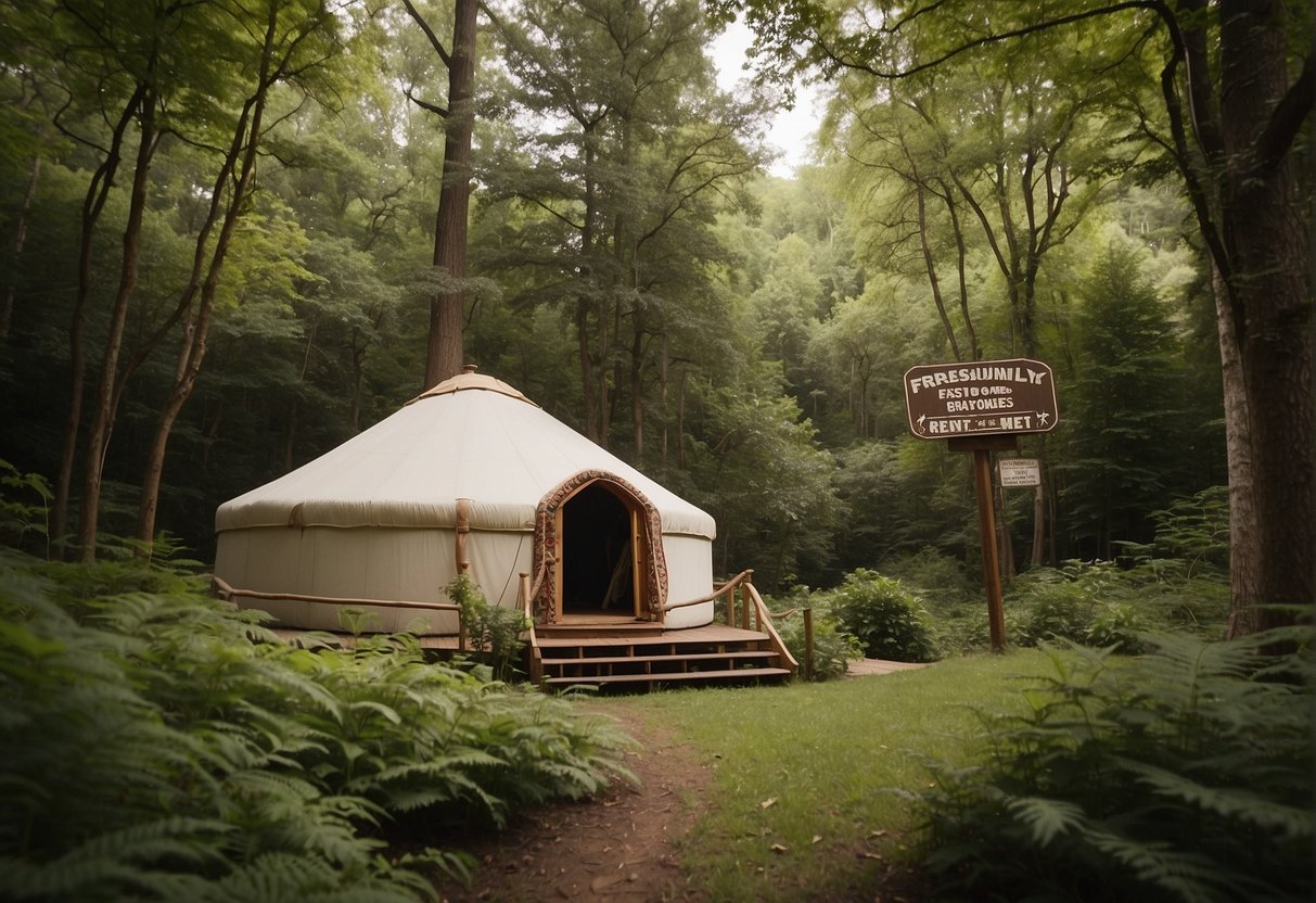 A yurt nestled in lush greenery at Natural Falls State Park, with a sign displaying "Frequently Asked Questions: How to Rent a Yurt."