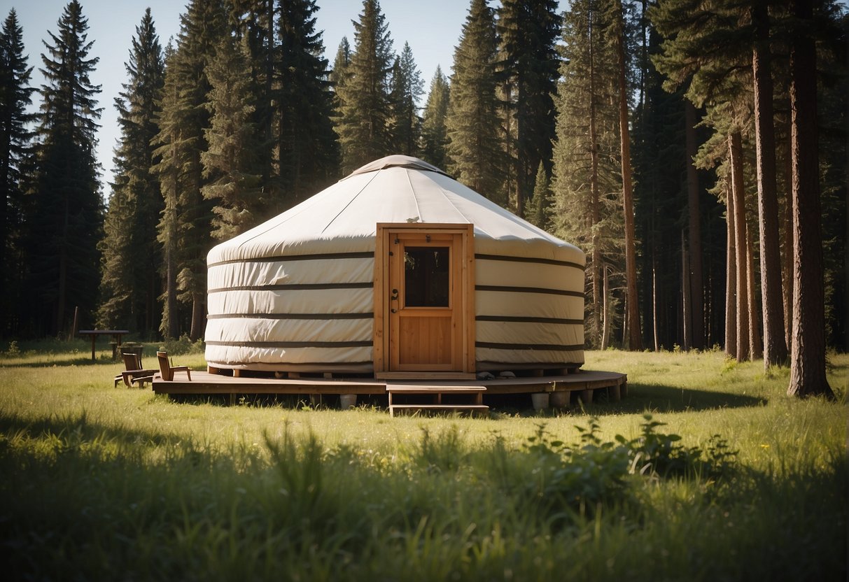 A yurt stands in a tranquil meadow, surrounded by tall trees. A sign nearby reads "Yurt Rentals" with contact information