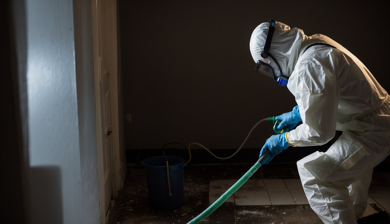 A technician in protective gear removing mold from a damp, dark corner of a home using specialized equipment and cleaning solutions