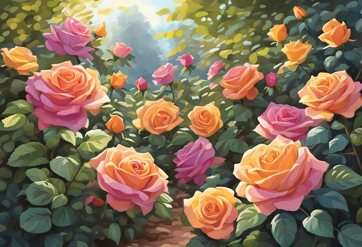 Vibrant roses surrounded by rich, organic mulch, with sunlight filtering through the leaves