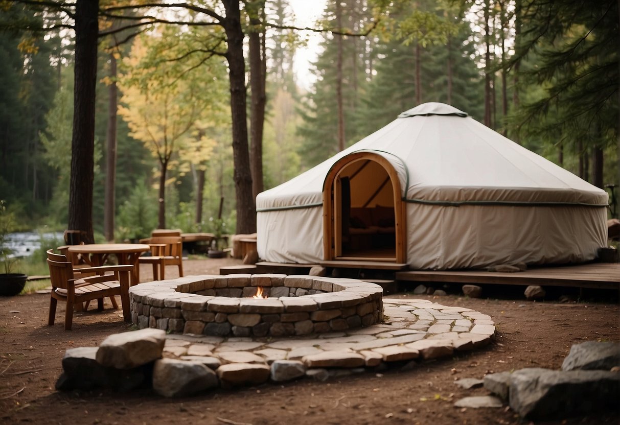 A serene landscape with a cozy yurt nestled among tall trees and a bubbling stream, with a warm fire pit and comfortable outdoor seating nearby