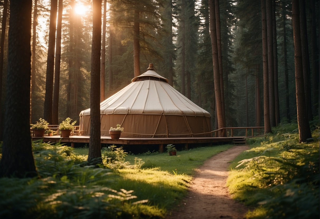 A serene forest clearing with a cozy yurt nestled among tall trees, a winding path leading to the entrance, and a warm glow emanating from the windows