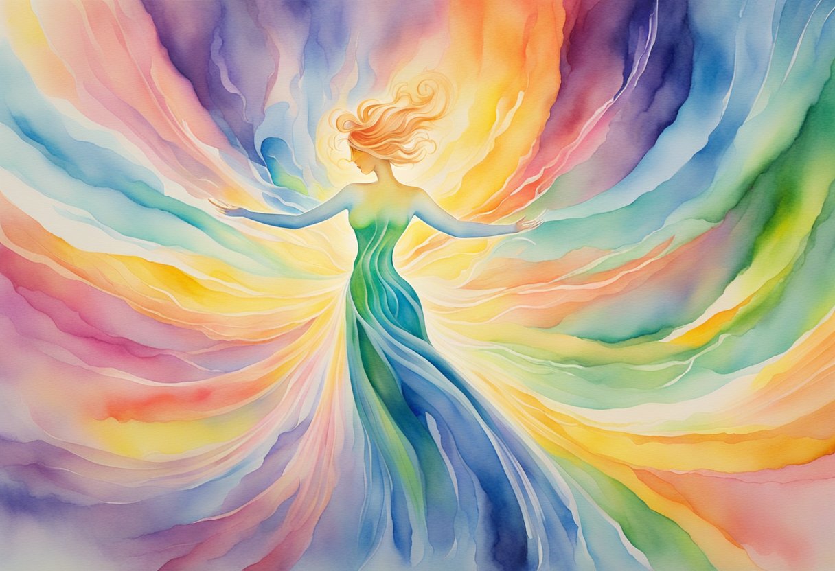 A glowing aura radiates from a figure, swirling with vibrant colors representing their sexual energy