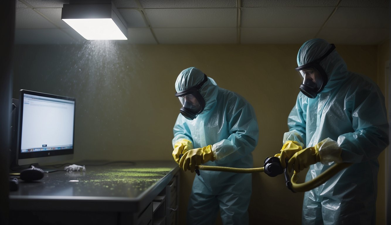 A technician wearing protective gear removes mold from a damp, dark corner of a room using specialized cleaning equipment and techniques
