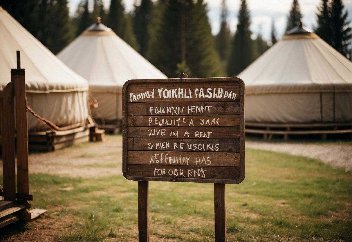 A sign with "Frequently Asked Questions: Where to Rent a Yurt" displayed prominently in a rustic setting with yurts in the background