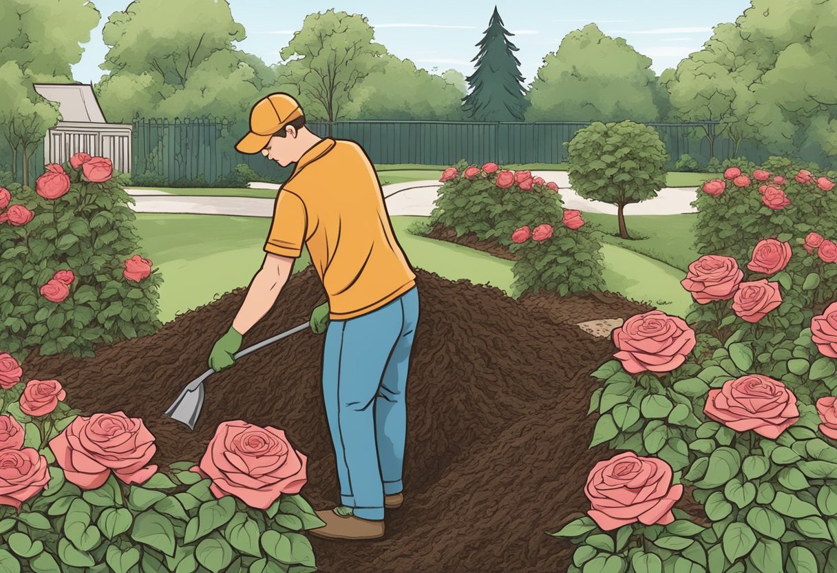 A gardener spreads mulch around rose bushes, showing different mulching techniques and the benefits of using mulch for roses
