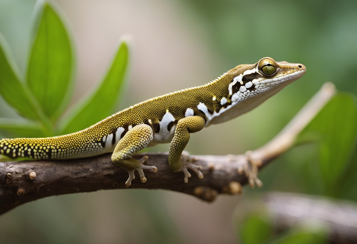 A gecko perches on a branch, its tail curled up. It watches as a small insect moves nearby. The gecko then swiftly pounces and catches the insect in its mouth