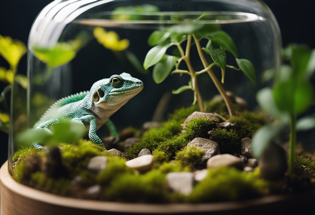 A small terrarium with various obstacles and props, such as branches, rocks, and small platforms, arranged in a way that encourages the gecko to explore and learn new tricks and behaviors
