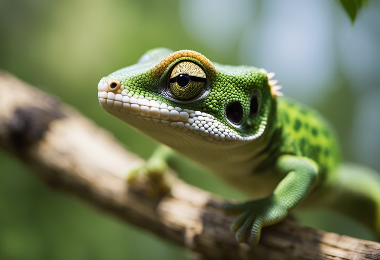 A gecko perches on a branch, its eyes focused on a target. It moves swiftly, demonstrating tricks and behaviors learned through basic training techniques
