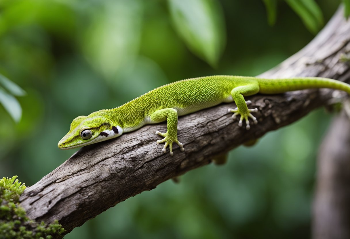 A gecko perches on a branch, its tail curled around the bark. Its eyes are focused and alert as it listens to commands from its trainer