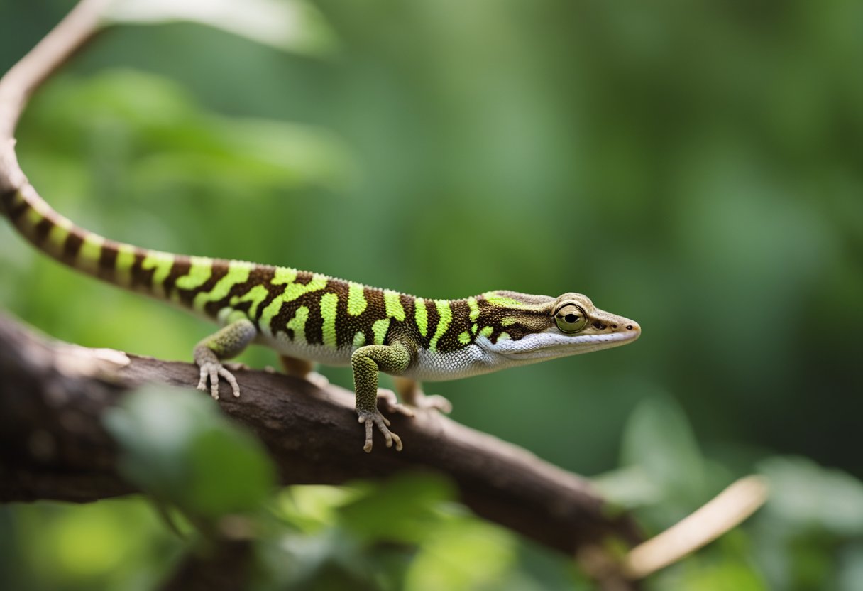 A gecko perched on a small branch, eagerly awaiting a treat from its owner. The owner holds a small container of insects, ready to reward the gecko for successfully performing a trick