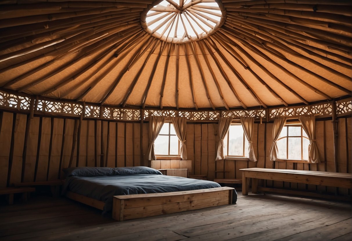A yurt cover hangs taut against wooden lattice, weathered but intact, under the open sky
