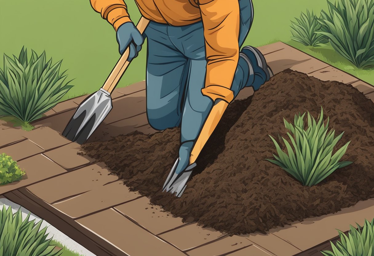 A gardener spreads a thick layer of mulch over the soil to protect plants from the harsh winter conditions