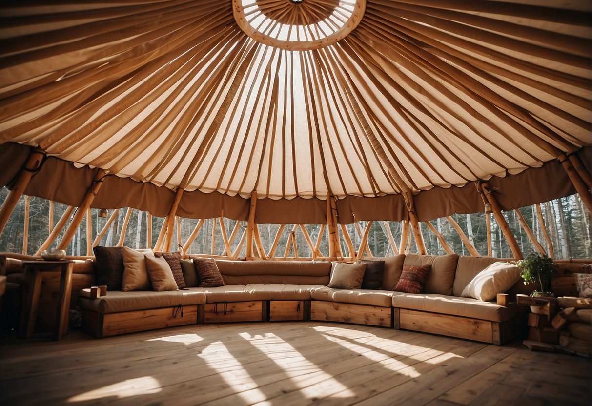 A yurt cover made of durable canvas, supported by wooden lattice, with a central ring for stability