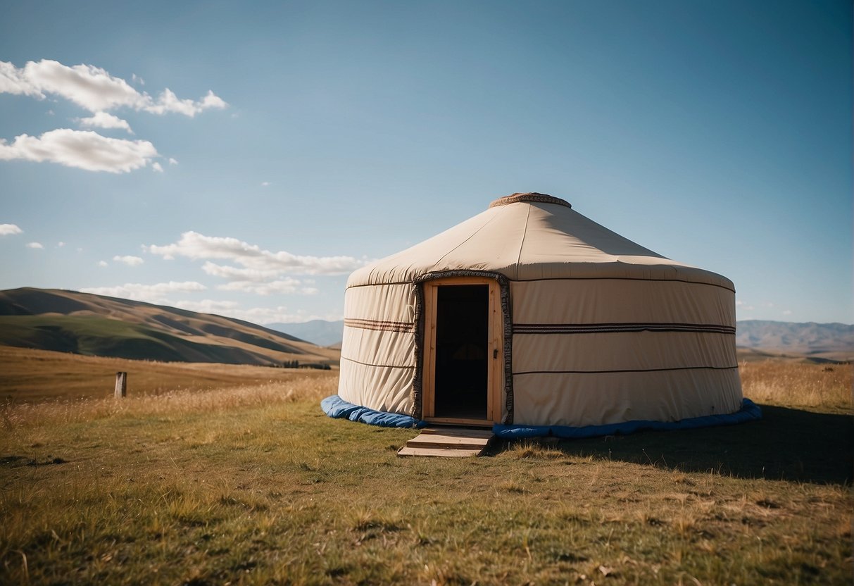 A yurt cover billows in the wind, surrounded by rolling hills and a clear blue sky