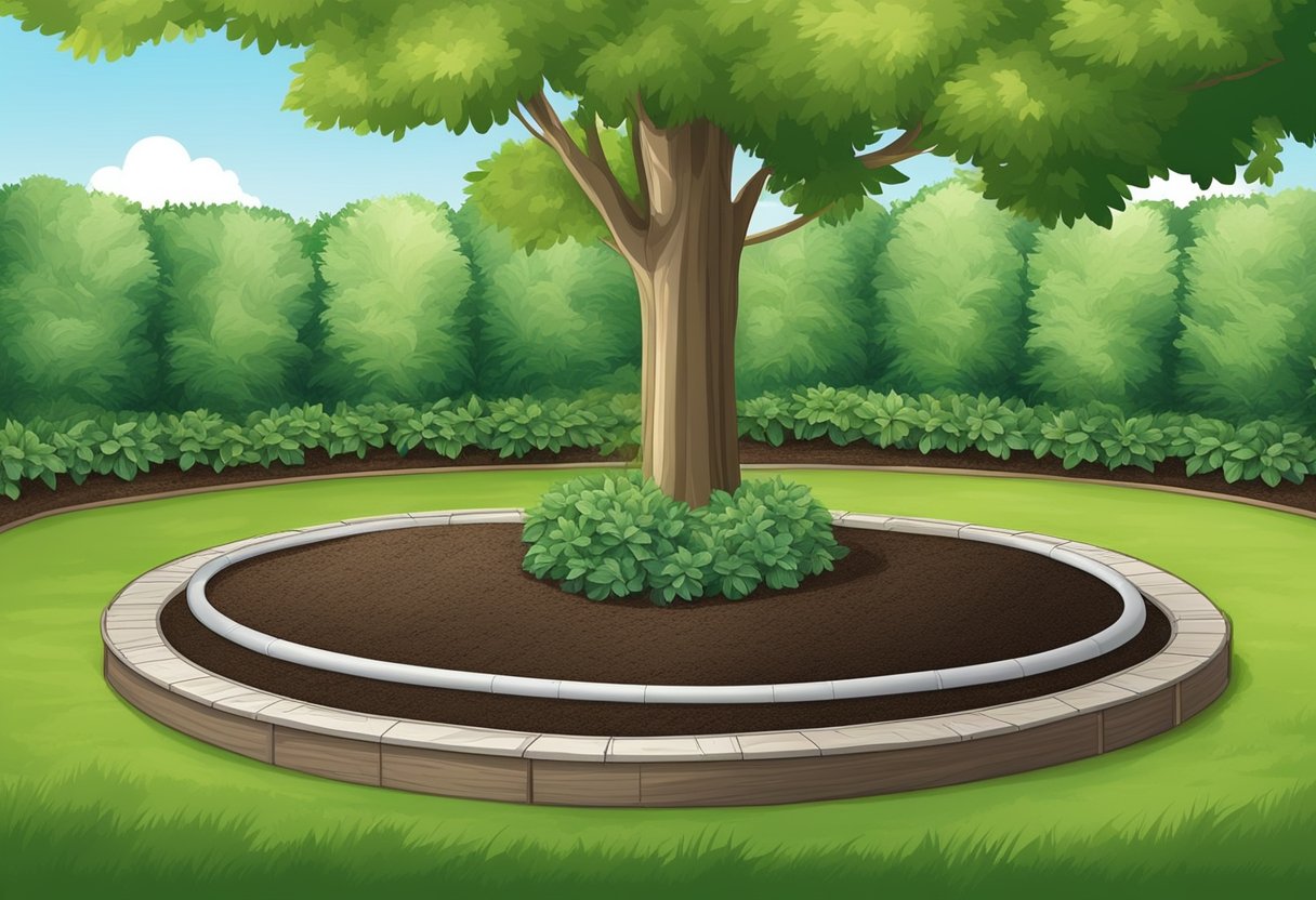 A garden bed with mulch rings surrounding the base of young trees, creating a protective barrier and retaining moisture