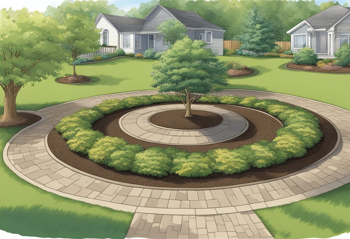 A garden with defined mulch rings around trees, creating a neat and tidy appearance. Trees are surrounded by a layer of mulch, with no grass or weeds growing within the rings