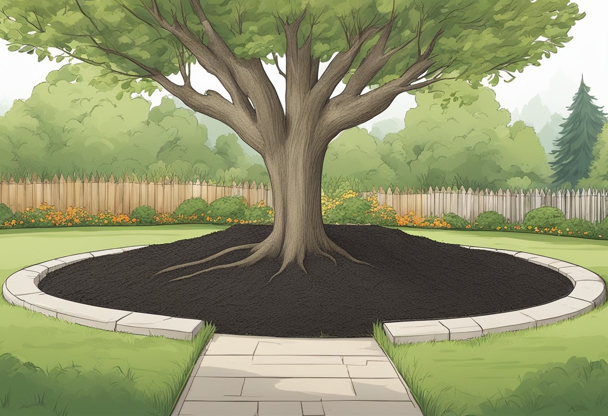 Mulch rings surround trees, preventing weed growth and retaining moisture. Use organic mulch, and avoid piling it against the tree trunk