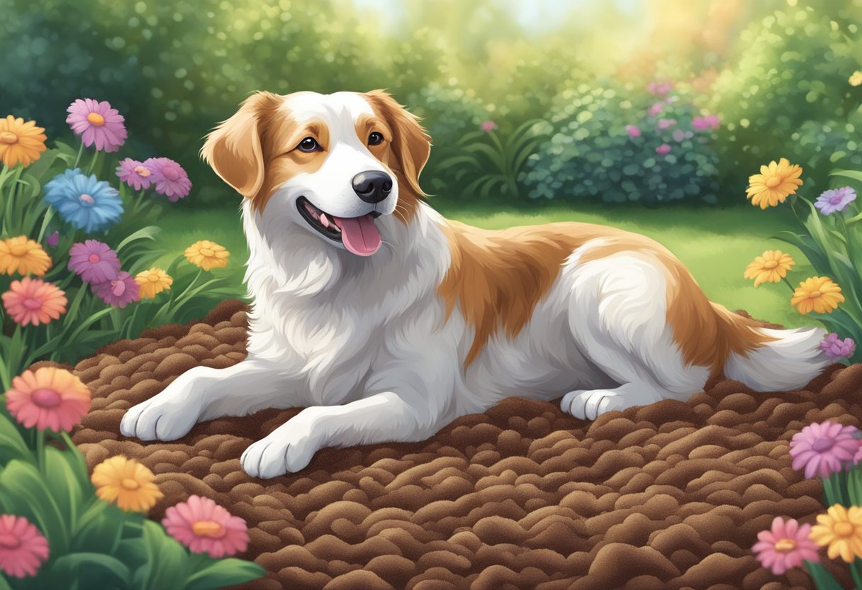 A happy dog plays in a yard covered with rubber mulch, wagging its tail and enjoying the soft, cushioned surface