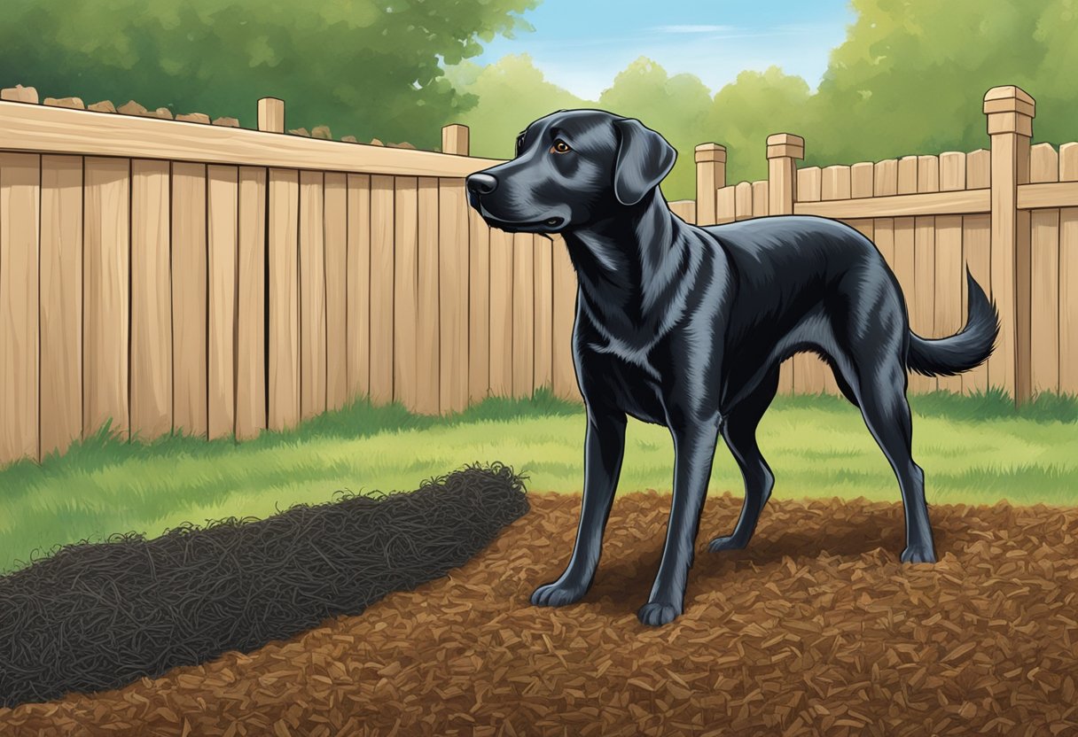 A dog sniffs rubber mulch, wagging its tail in a fenced yard