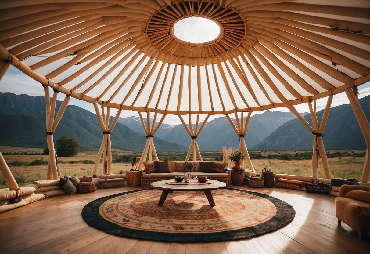 A 30-foot yurt with 706.86 square feet, spacious interior, and circular layout, set against a natural landscape with mountains in the background