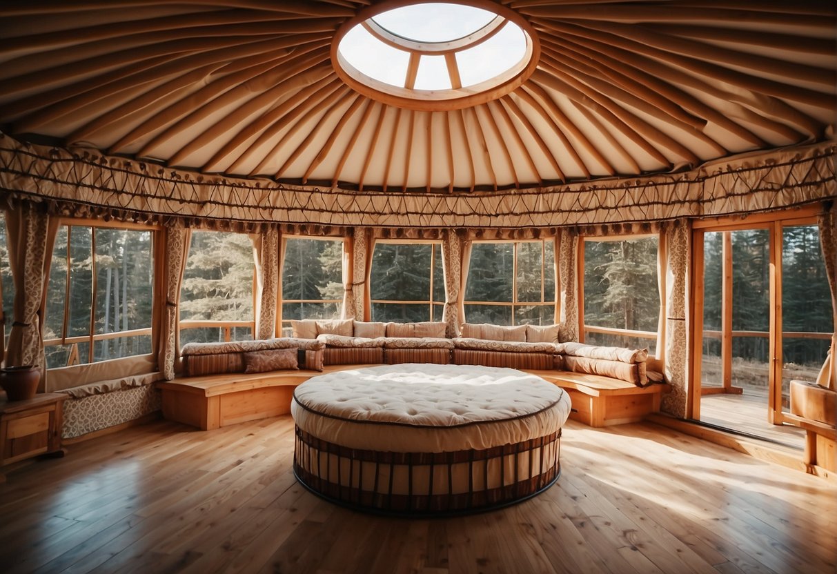 A 30-foot yurt has 706.86 square feet. The circular structure has a central skylight and a lattice wall with a door and windows